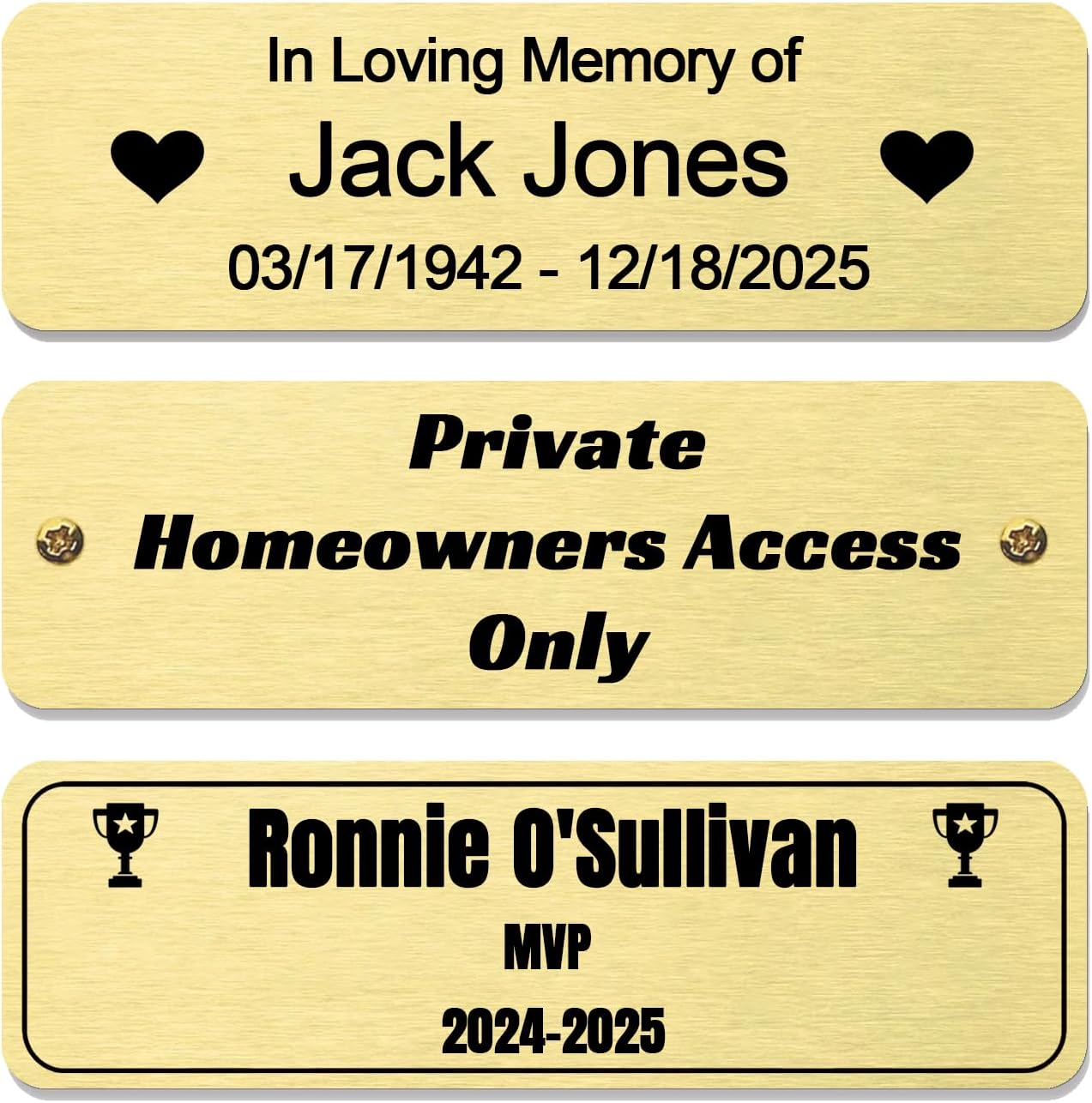 Personalized Engraved Solid Brass Name Plate 3" x 1", Custom Name Plate for Trophies, Picture Frames, Plaques, Urns & Shadow Boxes, Adhesive Backing or Screw Mount