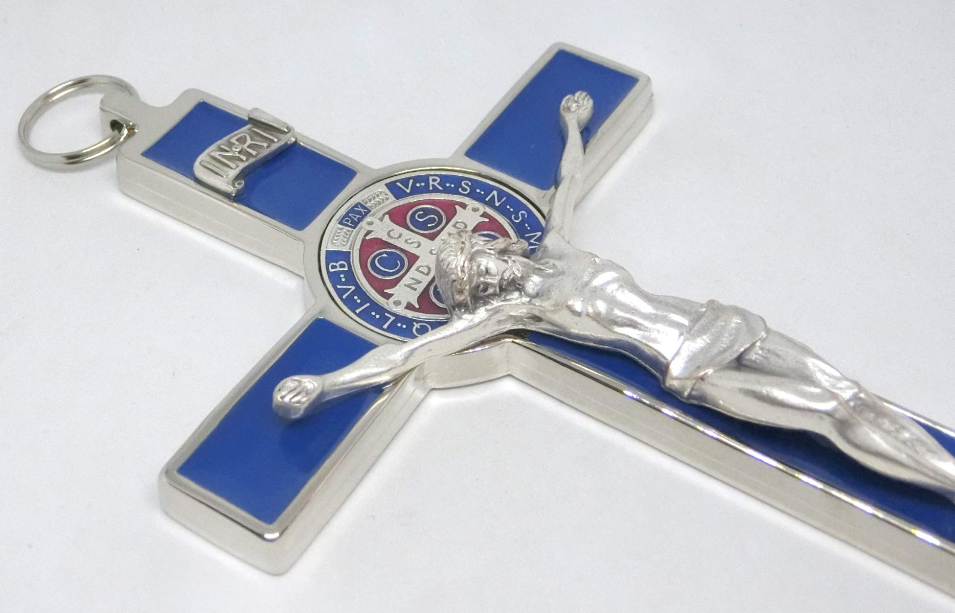 GTBITALY 10.004.11 blu croce di san benedetto crocefisso argento 20 cm medaglia smaltato a mano con scatola regalo e preghiera prete esorcismo esorcista nativita' battesimo
