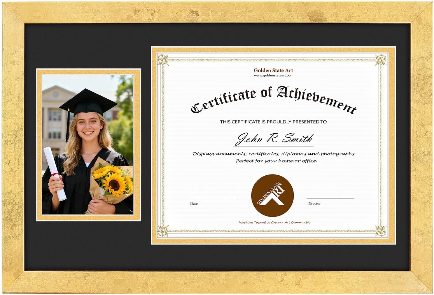Golden State Art 8x10 Diploma Frame and 4x6 Picture, Solid Wood Certificate Frame with Real Glass Front, Display Diploma 8x10 with Black over Gold Double Mat or 11x17 Document Without Mat (1 Pack)