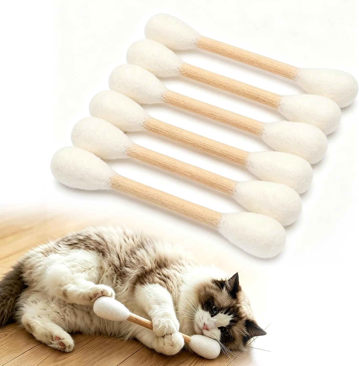 Cat Qtip Toy Chew Sticks, 6 Pcs with Catnip Scent, Felt Cotton Swab Cat Chew Toys for Indoor Cats, 15x2 cm, Interactive Felt Kicker Toy for Cats (Beige)