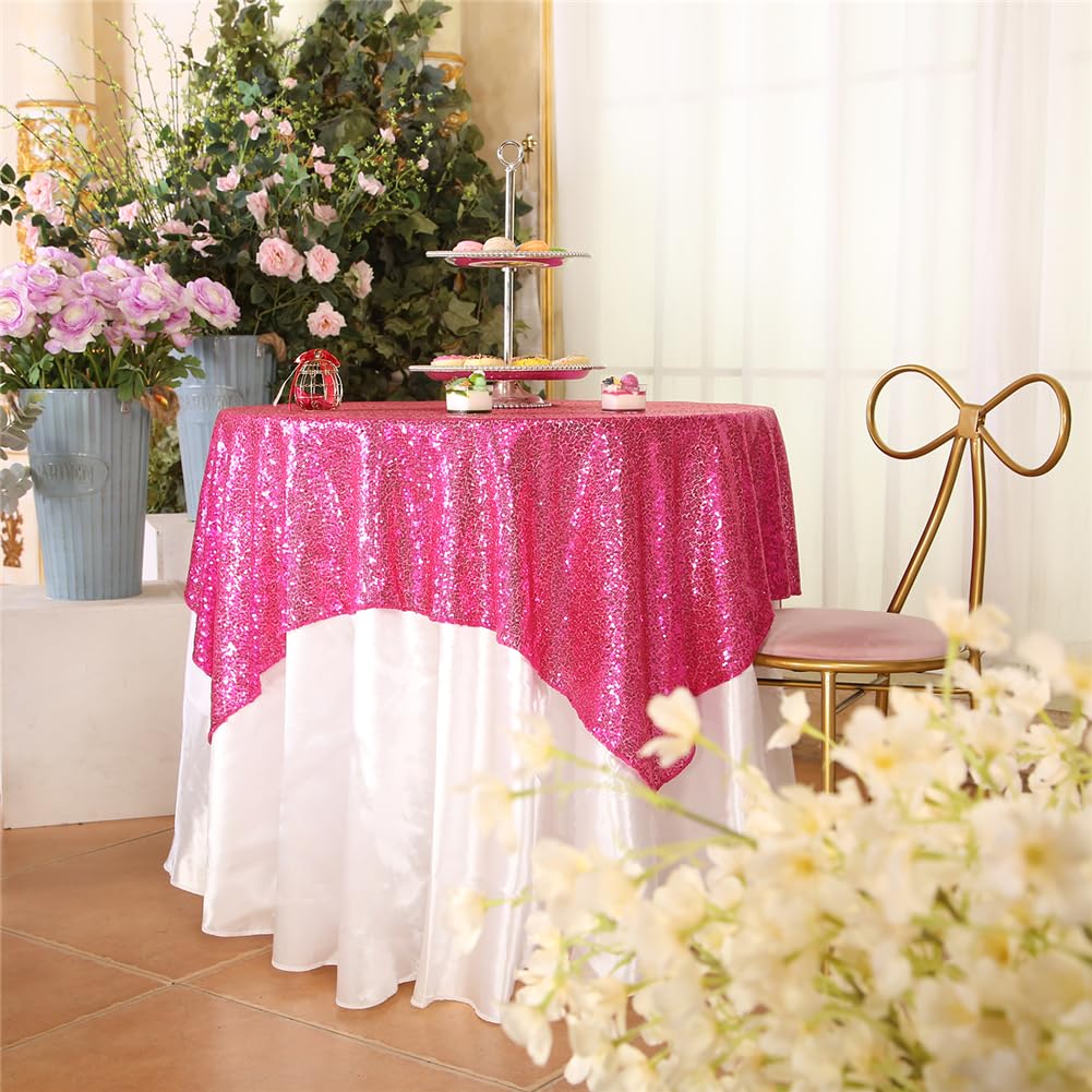 Eternal Beauty Hot Pink Tablecloth, 50x50 Inch Sequin Square Table Cover for Valentines Cake Dessert Exhibition Party Birthday Events