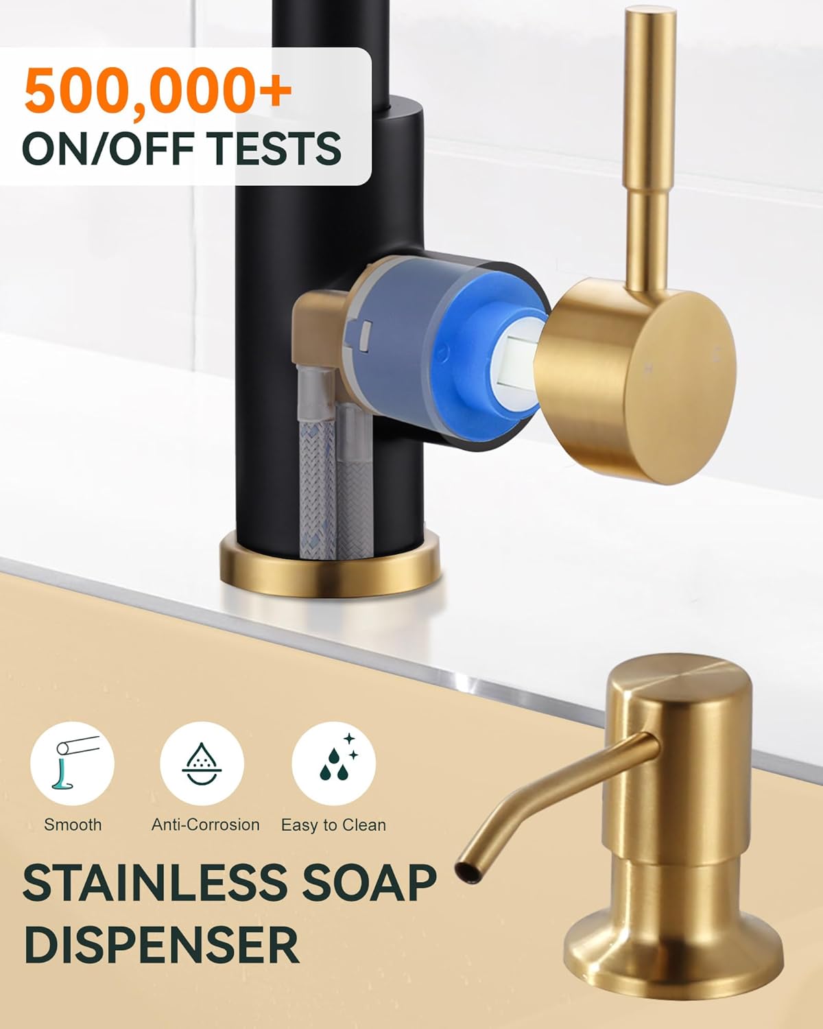 Waterfall Kitchen Faucet with Soap Dispenser: Black and Gold Kitchen Faucet with Pull Down Sprayer 3 Modes(Waterfall/Stream/Sweep), Stainless Steel Kitchen Faucets for Sink with Deck-Plate