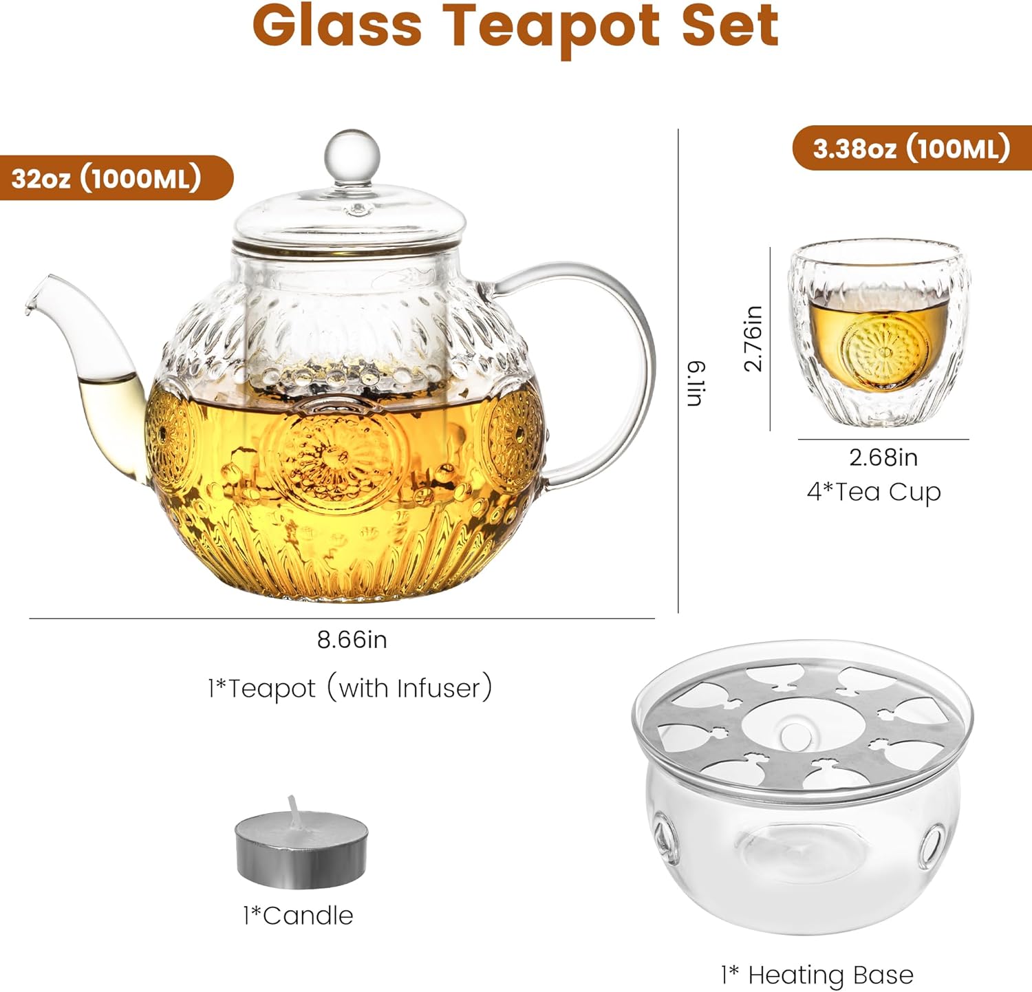 Bandesun Vintage Glass Teapot Set with 4 Cup, 32oz Borosilicate Tea Pot with Removable Infusers for Blooming and Loose Leaf Tea, Tea Warmer with Candlelight, Stovetop Safe, Gift for Women and Adults - Image 7