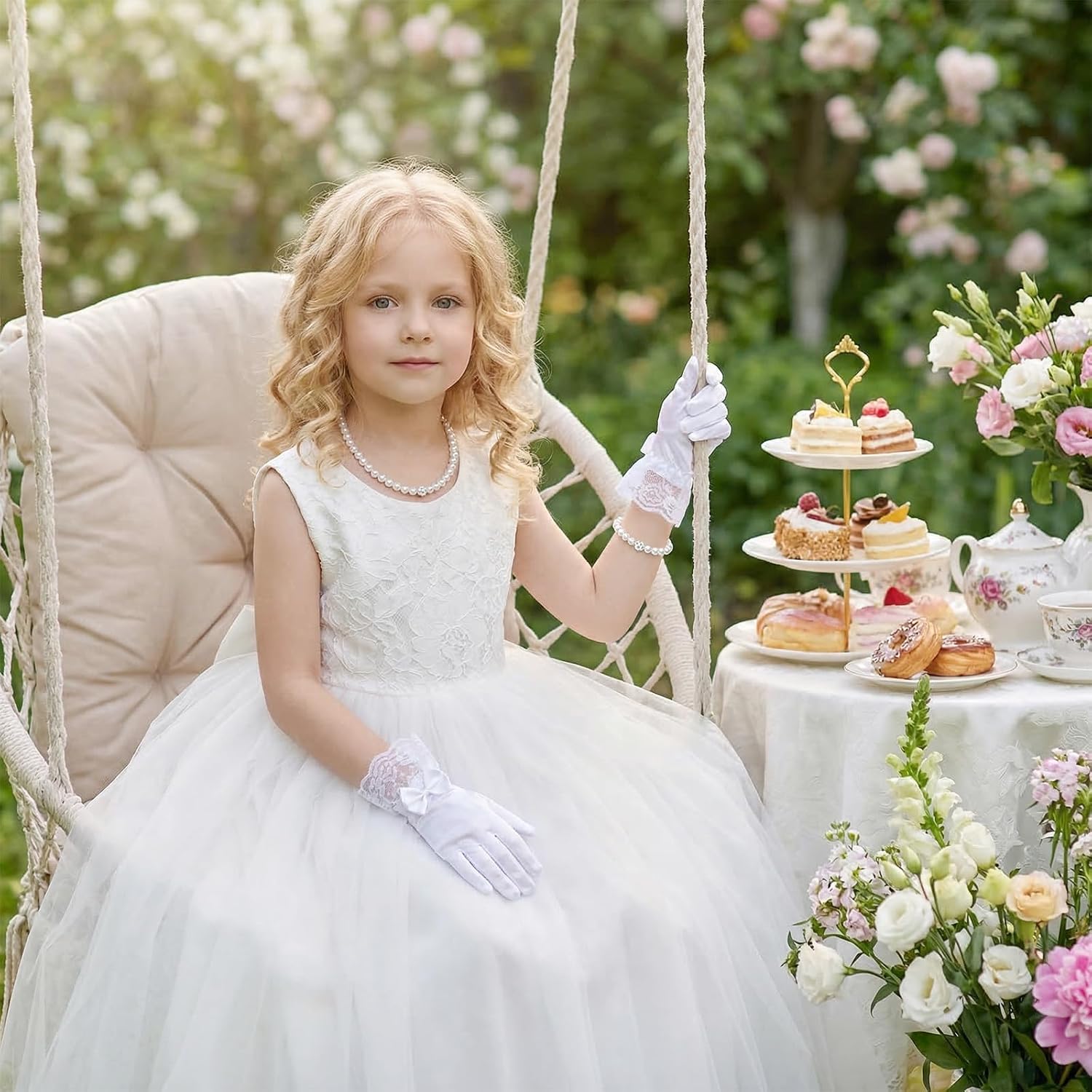 4 Pcs Girls Tea Party Gloves Pearl Necklace Bracelet Earring Set Pearl Necklace Set for First Communion Flower Tea Party Birthday New Year Gifts