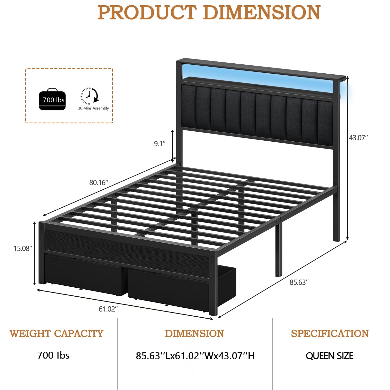 Furnulem Queen Bed Frame with Charging Station and LED Lights, Grey Upholstered Headboard with Shelves, Metal Platform Bed with 2 Under-Bed Storage (Fabric Drawer on Wheels), No Box Spring Needed