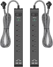 2 Pack Surge Protector Power Strip - 6 Outlets 4 USB Charging Ports, 5Ft Braided Extension Cord, Slim Flat Plug, Overload Protection, Wall Mount for Home Office, Dorm Room Essentials