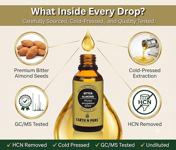 Earth N Pure Bitter Almond Oil 100% Cold-Pressed Carrier Oil for Hair, Beard, Scalp & Skin Care | DIY Beauty Blends | 50ml