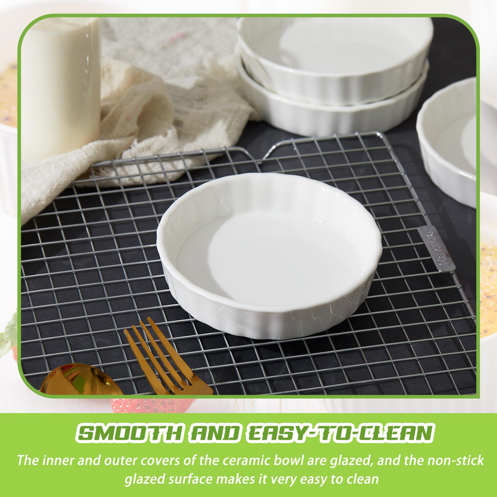 Layhit Lot de 12 ramequins à quiche ronds cannelés en porcelaine pour crème brûlée - Passe au four - 200 ml