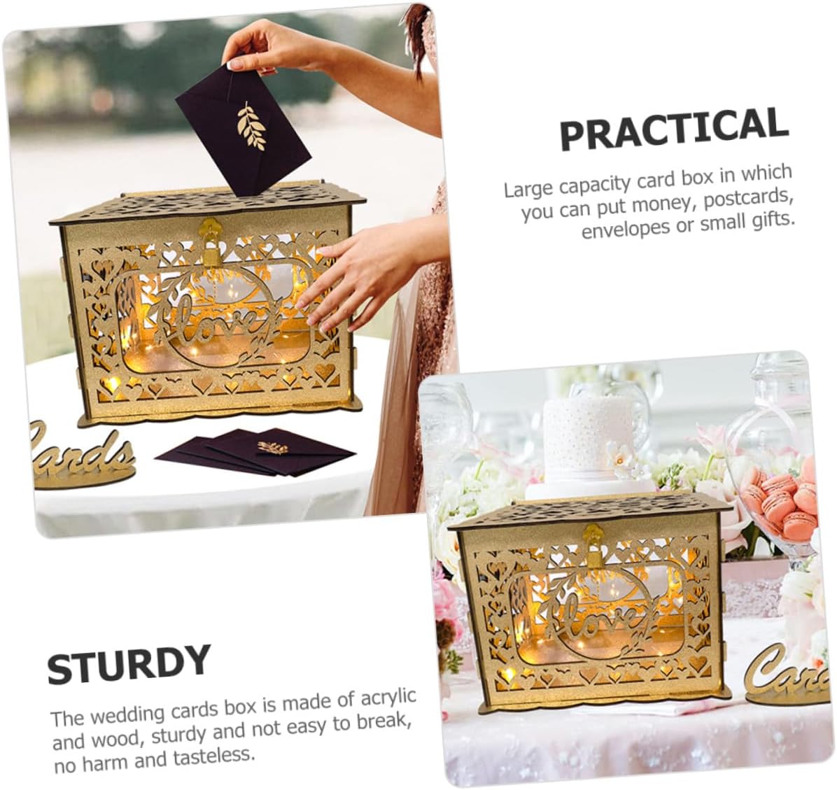 VICASKY Wooden Hollow Card Box with Glitter Finish Wedding and Anniversary Card Holder for Party and Event Use
