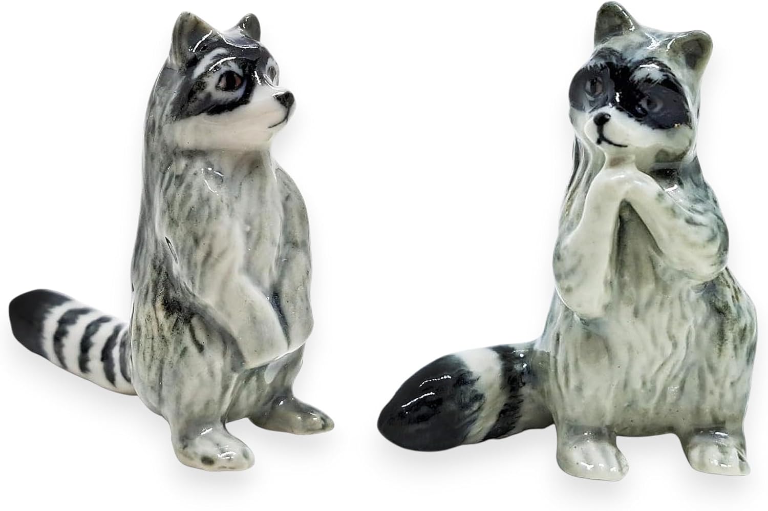 WitnyStore Bundle Tiny 1¾" Gray Standing Raccoon Figurine Miniature Hand Made Painted Ceramic Raccoons Racoon Mapache Nocturnal Wildlife Animals Cute Porcelain Decorative Collectible Figurines Décor