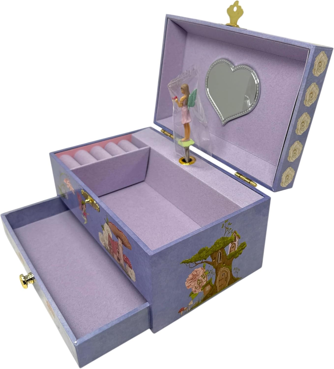 Midnight Blue Magical Tree Musical Jewelry Box, Pixie Fairy Model, Music Box with Removable Drawer, Velvet Interior, Heart Mirror and Rotating Fairy | 7x4x4 inches
