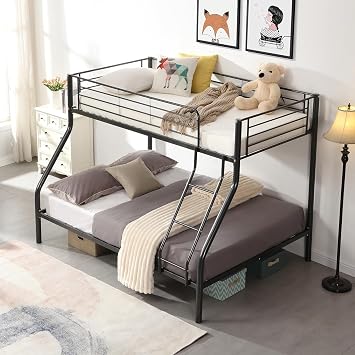 EMKK Twin Over Full Bunk Bed for Adults, Metal Bunk Beds Twin Over Full Size for Teens Dorm Bedroom Guest Room,Heavy Duty Bunk Beds with Ladder and Safety Full Length Guardrail Black D