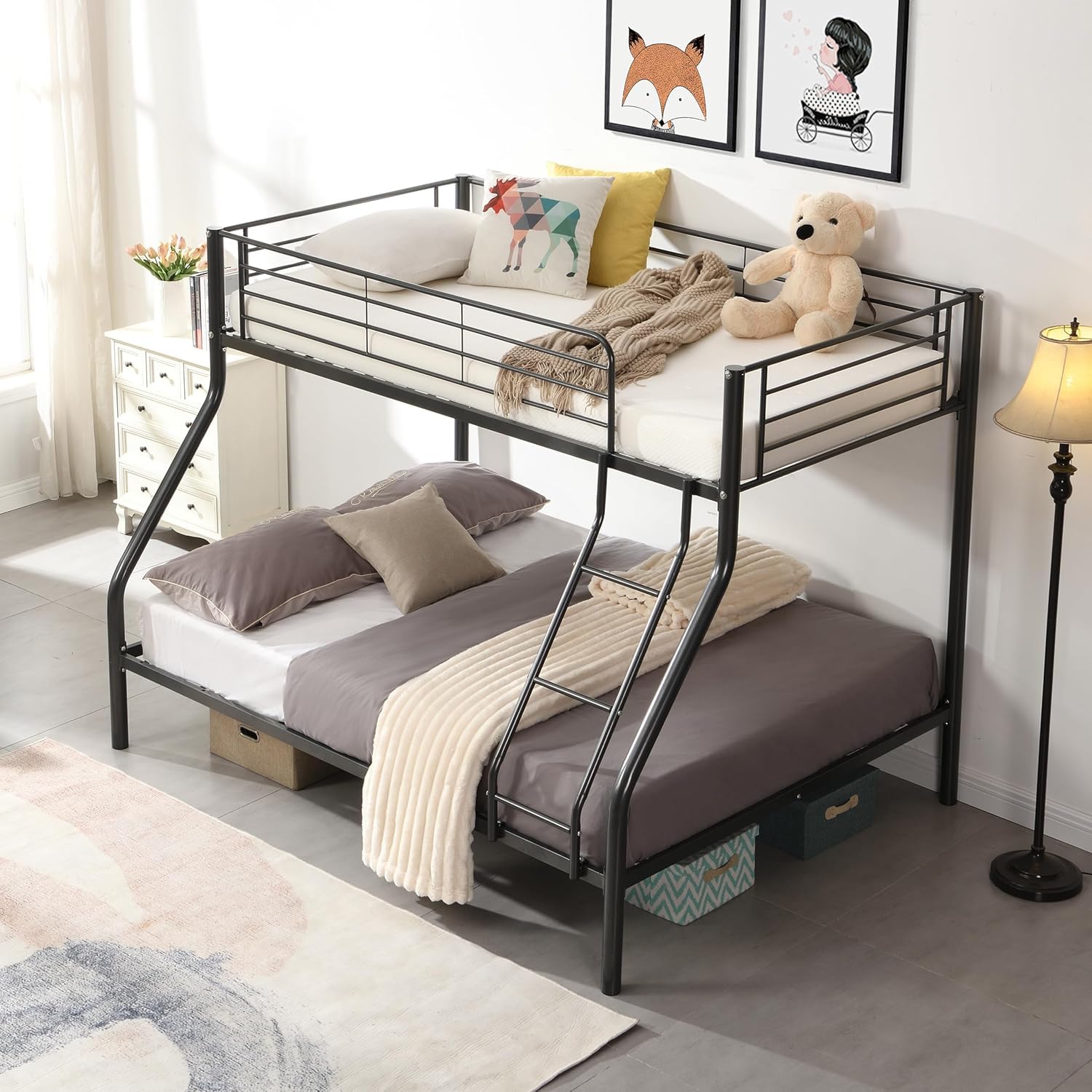 EMKK Twin Over Full Bunk Bed in a bedroom setting with mattresses and bedding