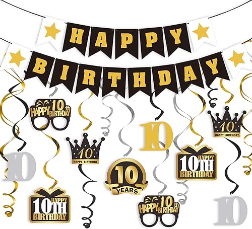 Miniatura 343 de LINGTEER Happy 65th Birthday Decorations Set - 12Pcs Black & Gold Swirls Streamer,Happy Birthday Bunting Banner,Cheers to 65 Years Old Bday Party