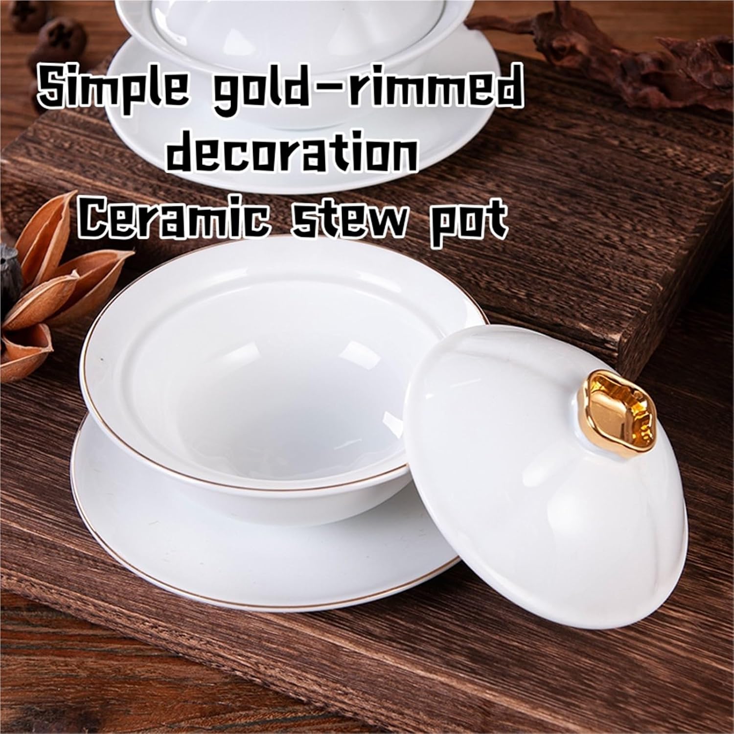 Wcxixo Ceramic Soup Tureen with Lid, 3L Large Capacity Serving Tureen with Plate, Porcelain Soup Pot with Gold Trim for Parties Eating Entertaining