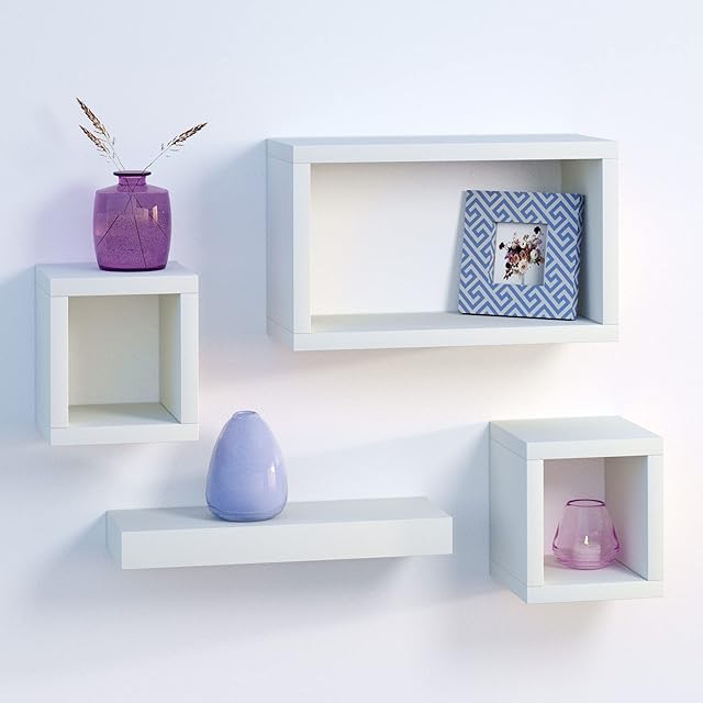 URBNLIVING Set Of 4 White Hanging Wooden Floating Shelves
