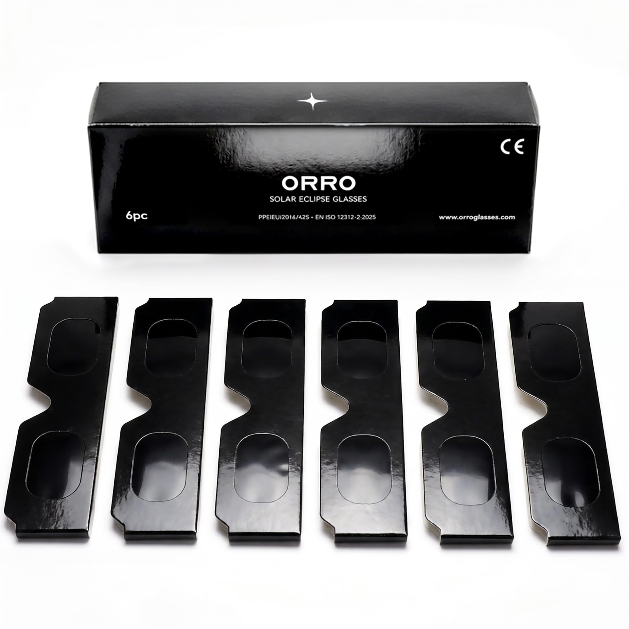 ORRO Sonnenfinsternis-Brillen 40 mm, 2er-/6er-/12er-Pack, Schwarz, Zertifizierter Augenschutz, EN ISO 12312-2:2015 geprüft, CE-gekennzeichnet für direkte Sonnenbeobachtung – Moderne Passform