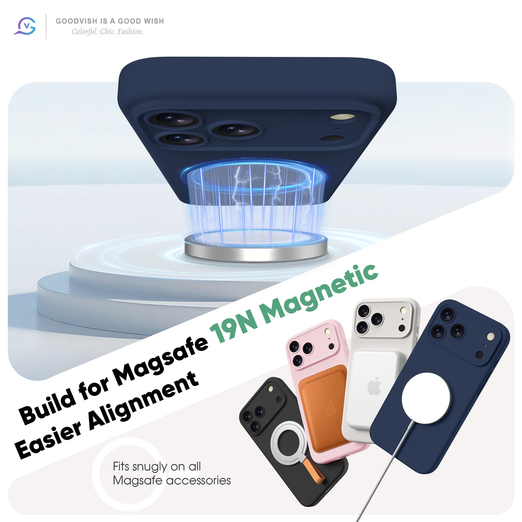 GOODVISH Magnetica Silicone Cover per iPhone 17 Pro Max 6.9", Custodia con 2x Vetro Temperato [Pulsante Controllo Fotocamera] 360° Protezione Anticaduta Case per Antiurto Resistente, Navy Blu