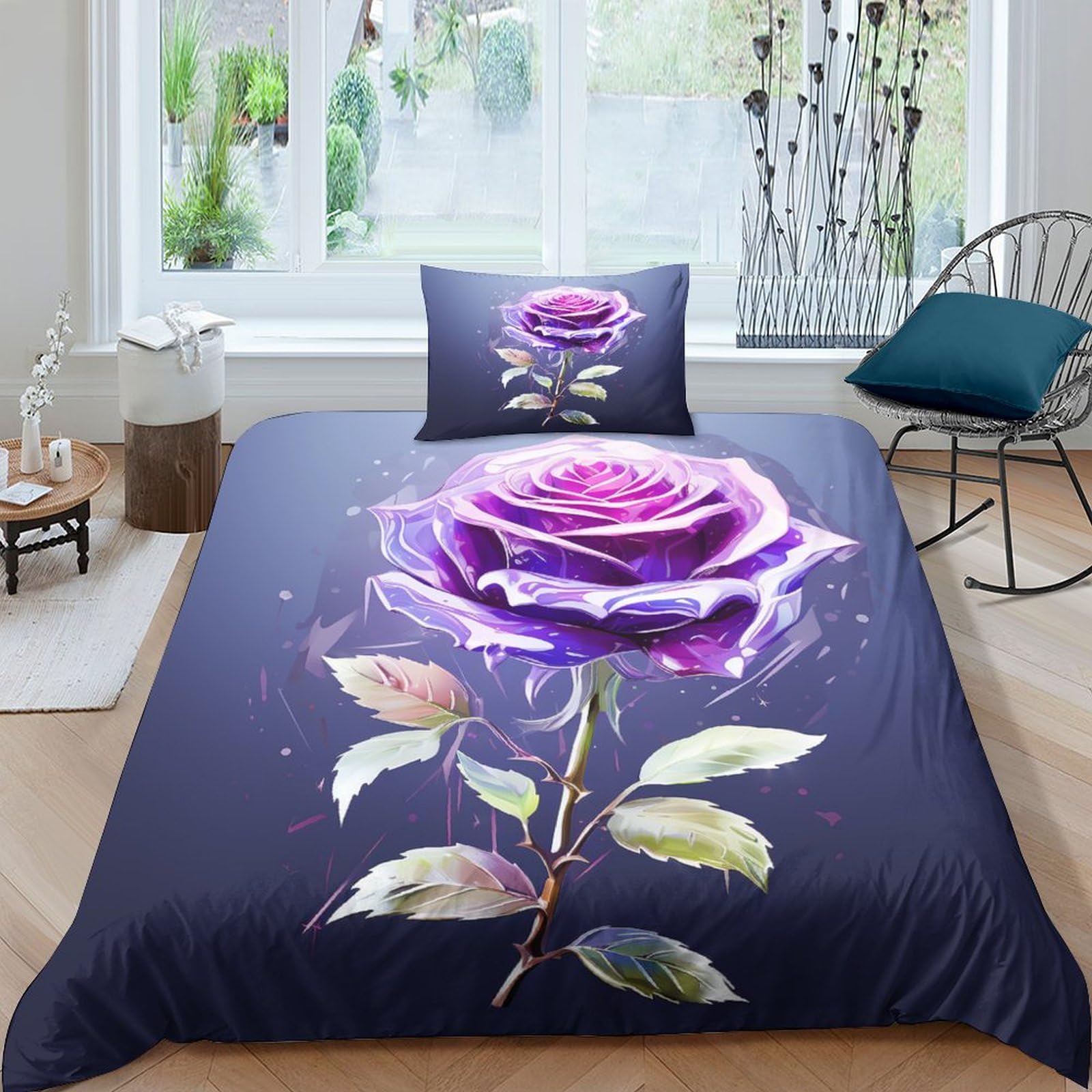 LKBASOEGD Purple Rose Duvet Cover Set 3 PCS Hotel Quality Quilt Cover Bed Sets Bed Covers with Pillowcases with Zipper Closure Ultra Soft Hypoallergenic Microfiber Single（135x200cm）