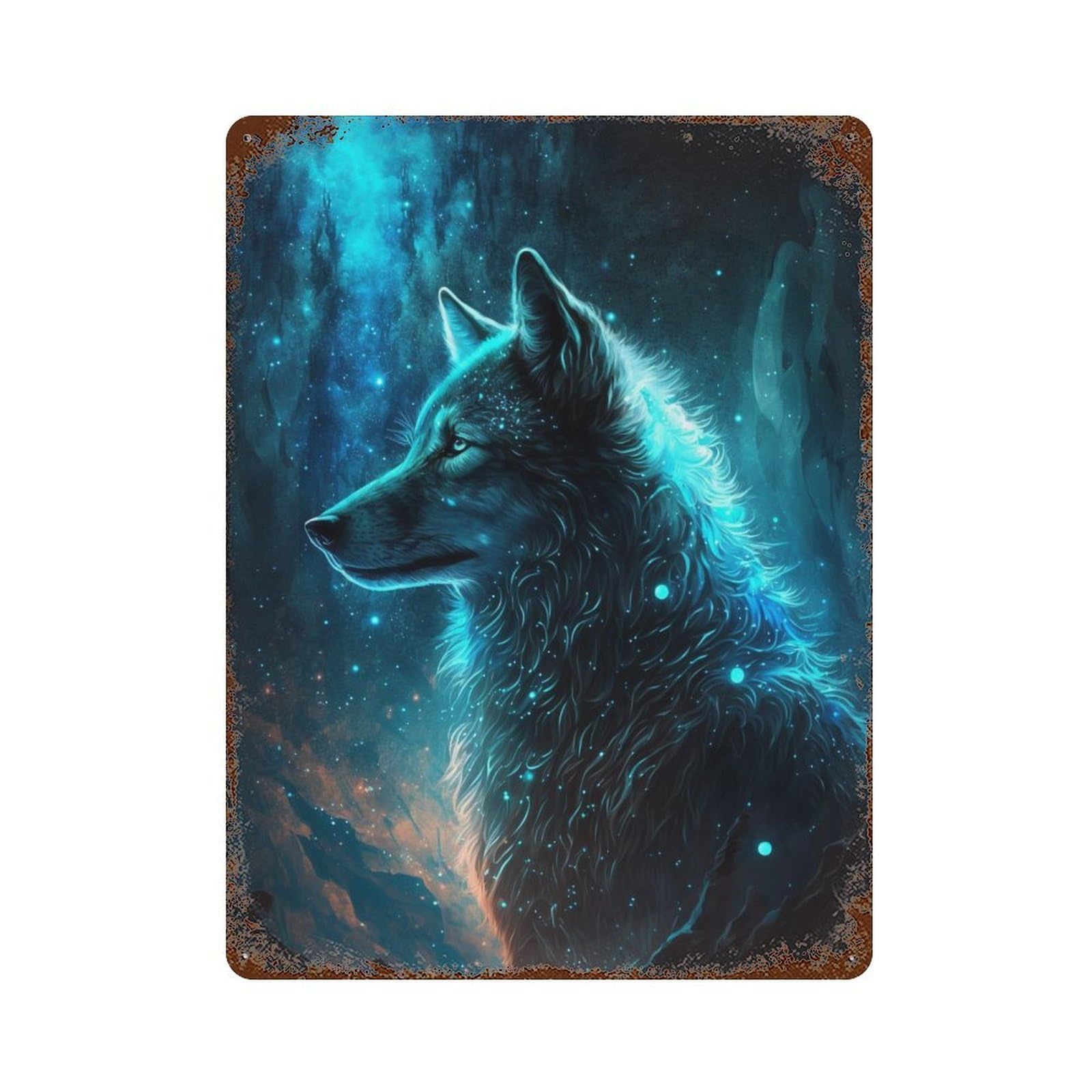 Galactic Wolf Spirit Vintage Metal Tin Sign 15.7"x11.8", Rustic Home Decor for Garage, Bar And Workshop Decor