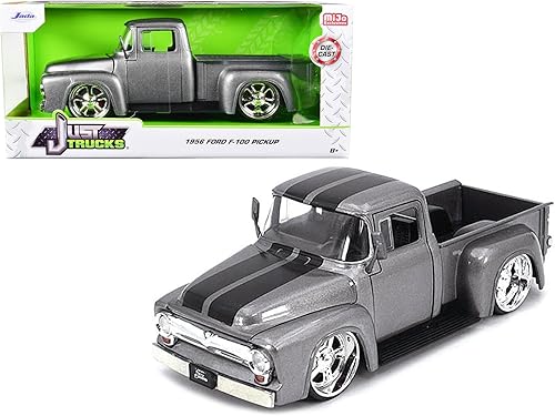 Jada 34308 - Camión pickup F-100 1956, gris metálico con rayas negras, modelo Just Trucks Series 1/24 fundido a troquel
