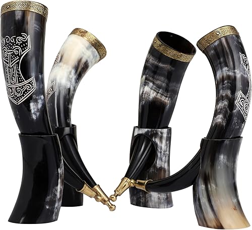 Miniatura 5 de Taza de cuerno vikingo  Cuerno natural hecho a mano  Cuerno de beber Thor  Cuerno vikingo pulido con ribete de latón y perilla de latón 1 pieza