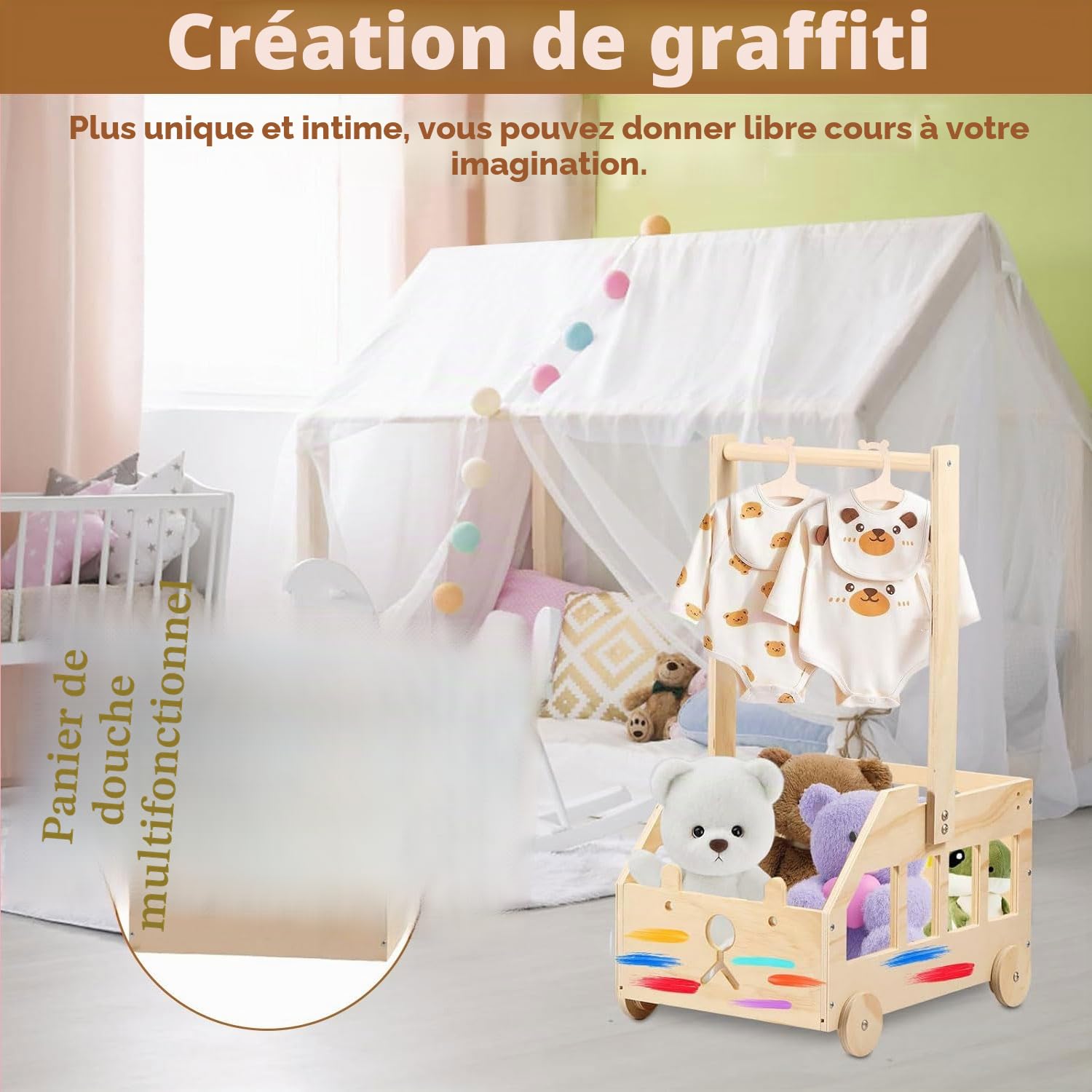 Caisse en Bois Rangement Bébé - Panier Penderie Bébé avec Roues, Poignée et 5 Cintres | Idéale Cadeau Fête Prénatale & Rangement Vêtement Bébé