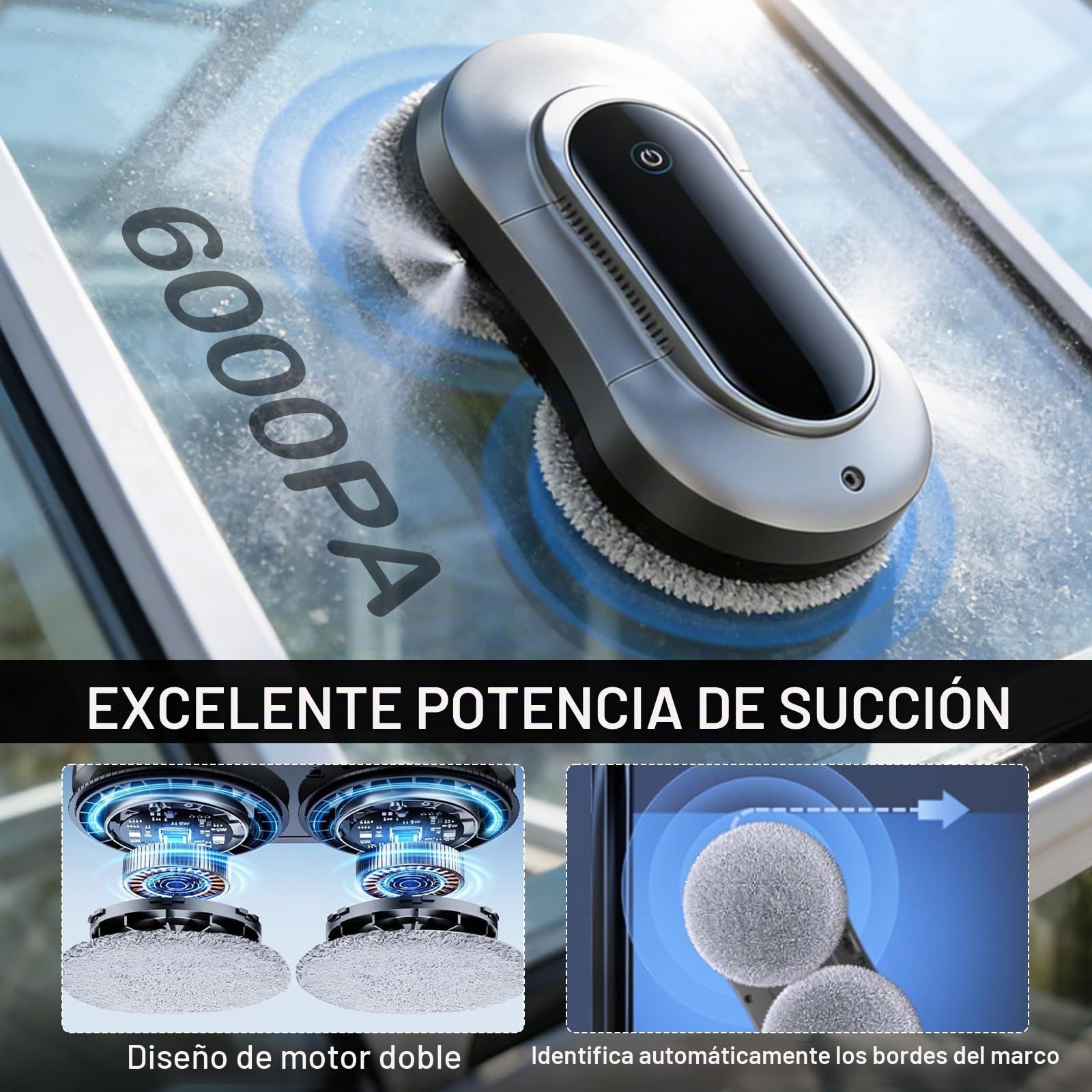 Robot Limpiacristales, 6000pa Limpia Cristales Electrico Ventanas con Mando, 3 Modos Limpieza,Navegación Inteligente,10 Paños de Limpieza, Limpiacristales Electrico para Ventanas, Espejos y Azulejos