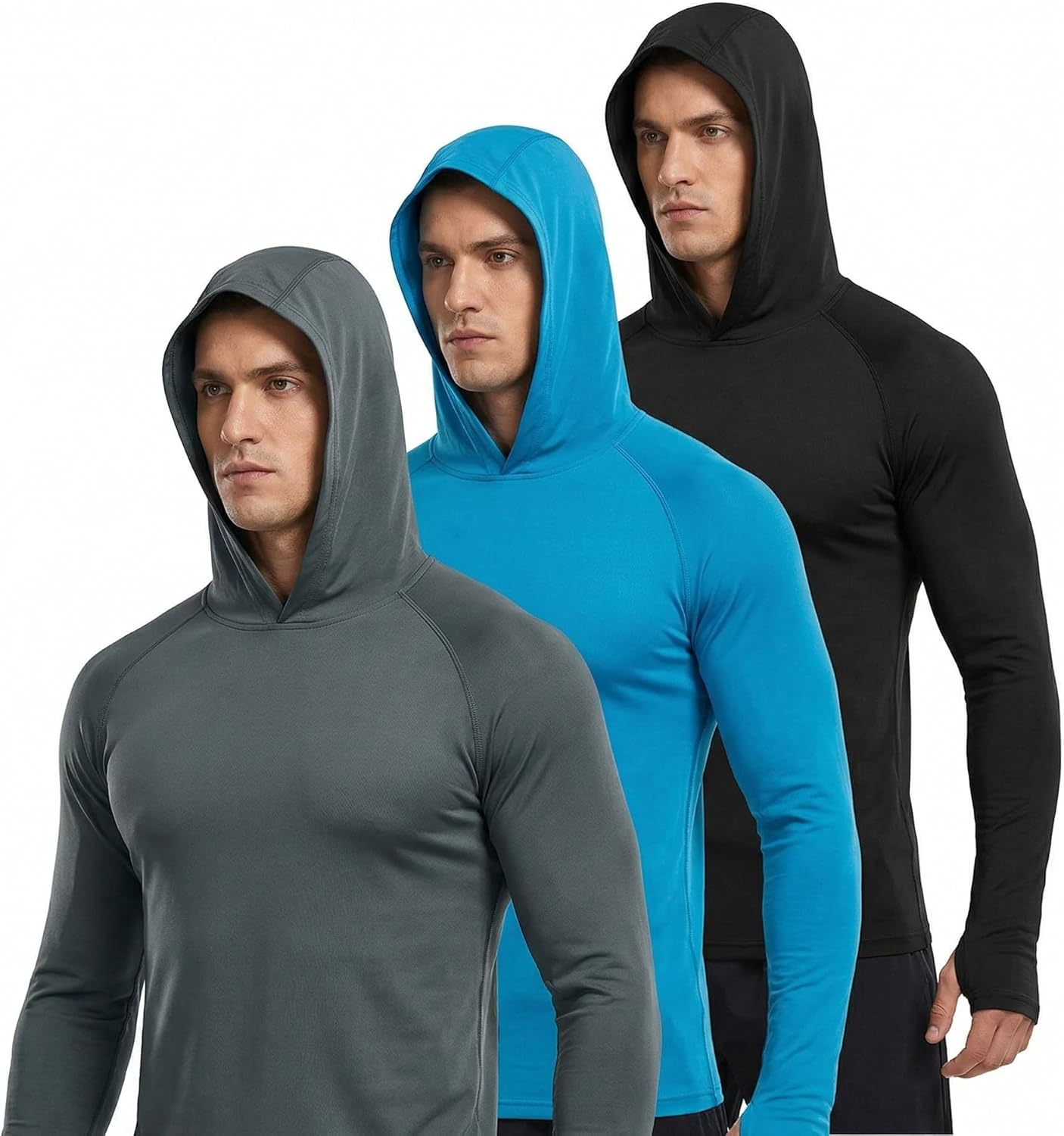 3-Pack Men's UPF 50+ Sun Protection Hoodie Lightweight Long Sleeve Fishing Shirt with Thumbholes Running & Workout