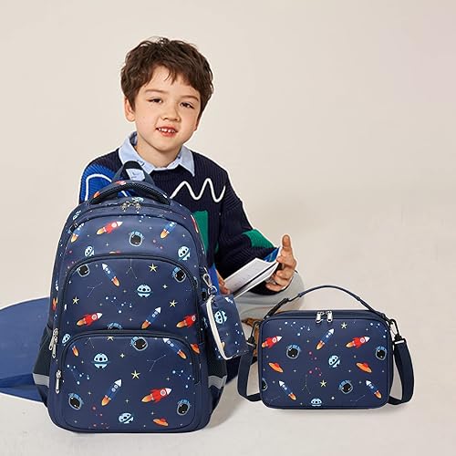 Miniatura 9 de MIRLEWAIY Mochila para niños de 15.7 pulgadas, juego de 3 piezas con lonchera y estuche para lápices para escuela, niñas, niños y estudiantes, Avión