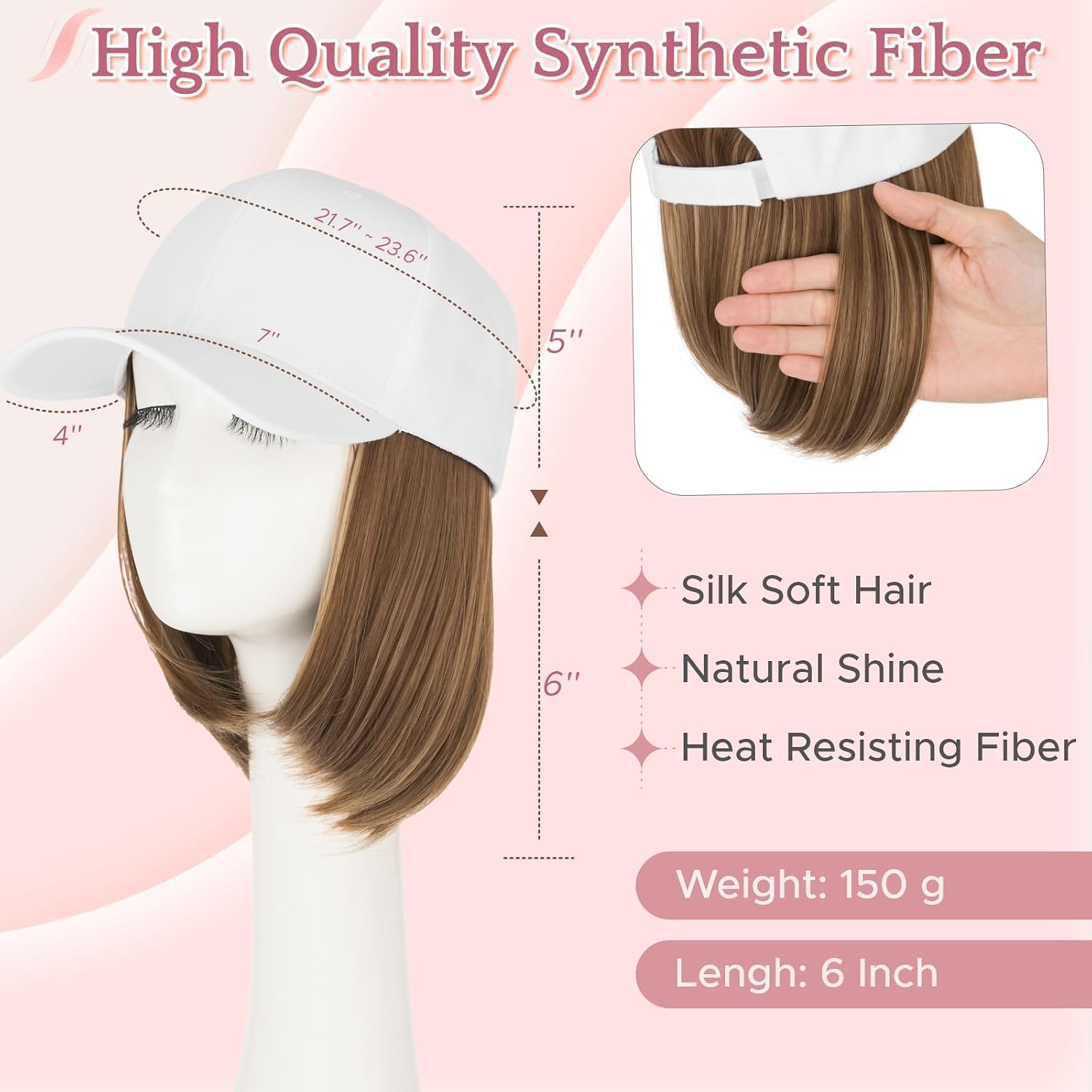 SEGO Hat Wig, Hat with Hair Attached for Women White Baseball Cap with Hair Extensions, Short Bob Baseball Cap Wig Adjustable Hats for Daily Party 6 Inch #10P22T Medium Brown Mix Dark Blonde