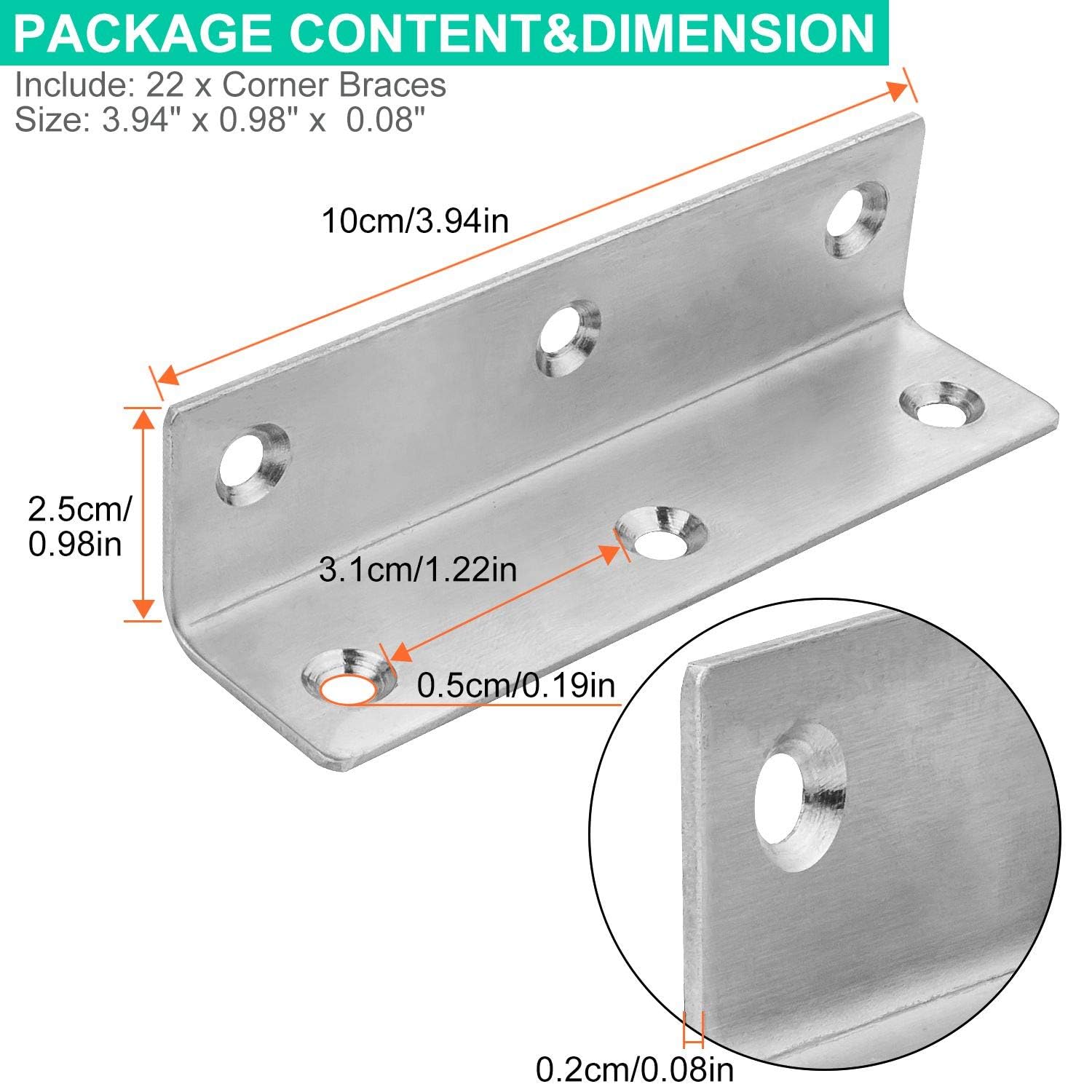 22PCS staffe angolari in acciaio inox, 9,9 x 2,5 cm, staffe angolari angolari interne a 90 gradi, staffe a forma di L, fissaggio per mobili in legno, librerie, finestre, armadietti.