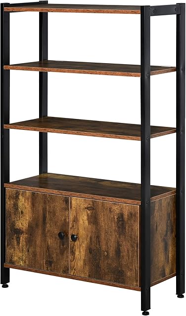 HOMCOM Industrial Bookshelf, Storage Cabinet with 3-Tier with Doors, for Home Office, Living Room Rustic Brown