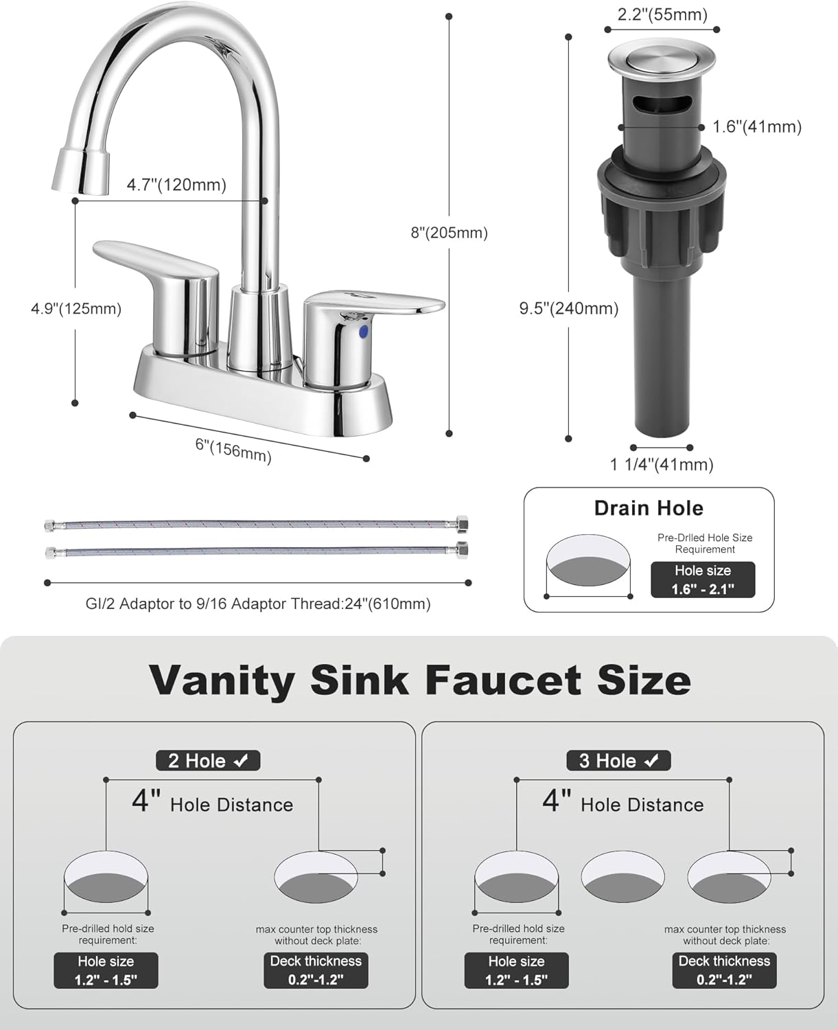 4 Inch Bathroom Faucet 3 Hole, 2 Handle Centerset Bathroom Vanity Sink Faucet, 360° Swivel Spout Lavatory Modern Bathroom Faucets with Pop-up Drain Assembly and 2 Hoses(Chrome)