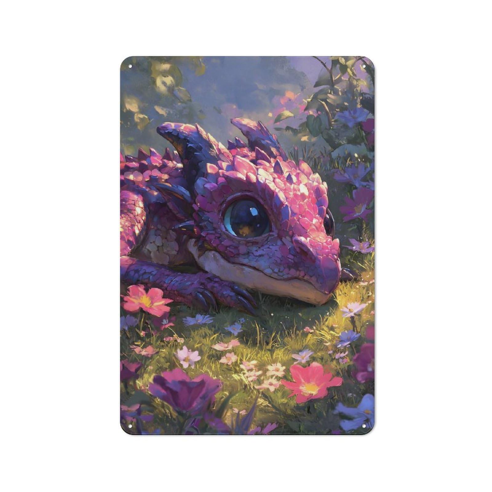 Junmoney Cute Pink Dragon In Flower Meadow Decorative Metal Plaque With Design 30X20cm, Loft Style Loft Wall Plaque For Modern Home, Workshop, Office Or Cafe