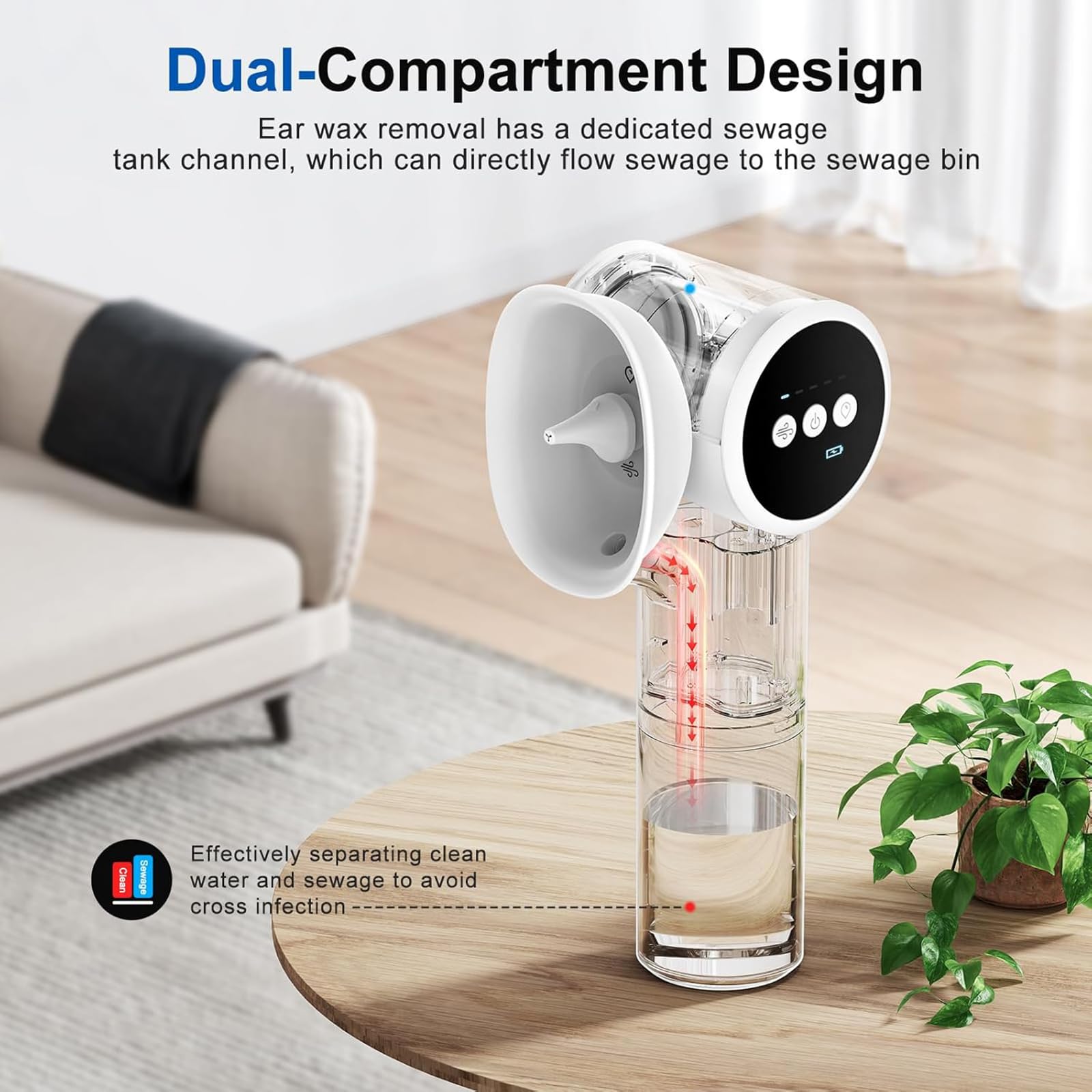 Rimozione Elettrica Del Cerume, Pulizia E Asciugatura Delicata 2 In 1 | Pulitore auricolare automatico, design a doppio scomparto, 5 impostazioni di pressione, IPX7, serbatoio dell'acqua da 160 ml