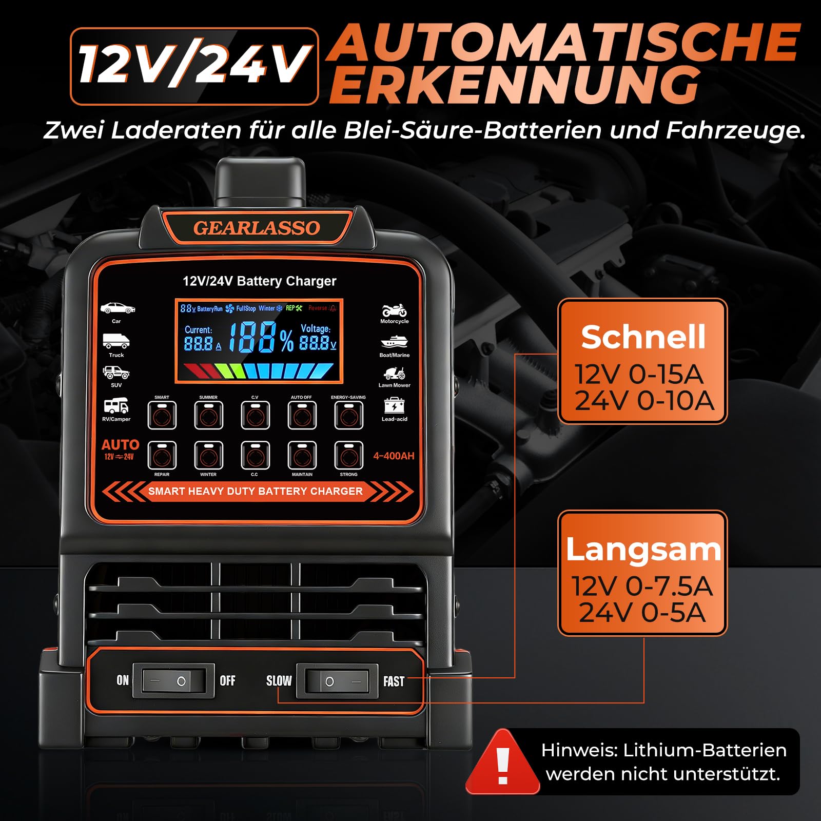 12V 24V Autobatterie Ladegerät, 0-15A Batterie-Erhaltungsgerät mit automatischer Abschaltung, 10 Lademodi inkl. CV/CC- & Strong-Modus, Smart Erhaltungs-Ladegerät für Auto, LKW, Motorrad, RV
