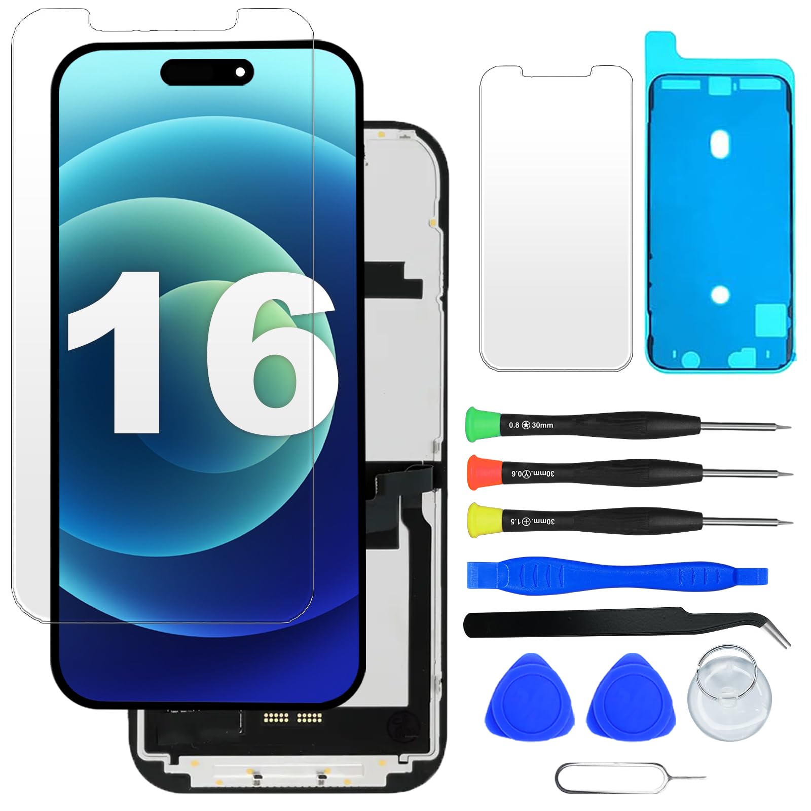 for iPhone 16 LCD Screen Replacement, 3D Touch Display Digitizer Assembly with Tools+Screen Protector+Waterproof Frame Adhesive