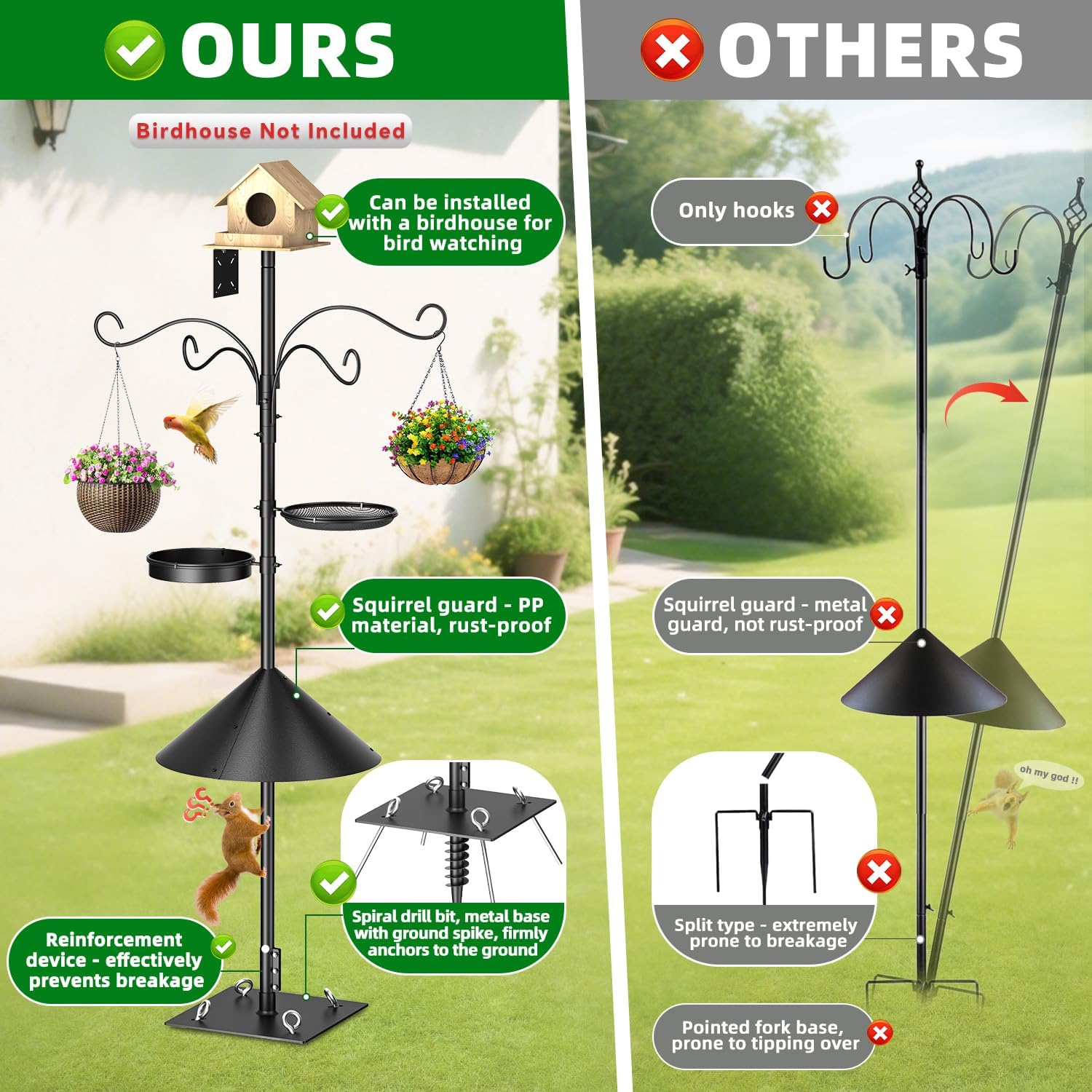Upgraded Heavy Duty Bird Feeder Pole, 92 Inch Squirrel Proof Adjustable Bird Feeding Station,1 Inch Dia Bird House Pole, 4 Shepherd Hooks for Feeder Stand, Includes Water Bowl & Mesh Tray image 4