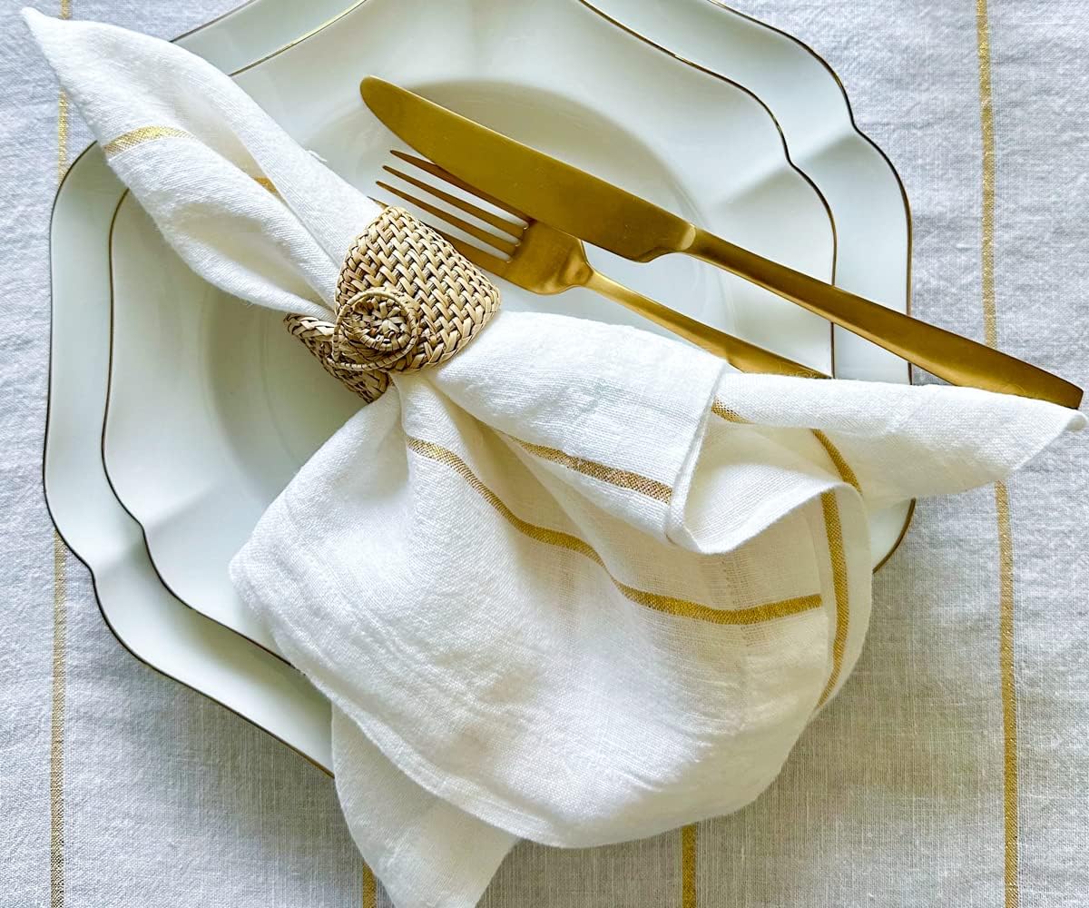 Linen Napkins Set of 4, 100% Pure Linen Napkins Cloth Washable, Metallic Thread Gold Napkins, Christmas Napkins, White and Gold Dinner Napkins, Striped Cloth Napkins, Farmhouse Napkins 18x18