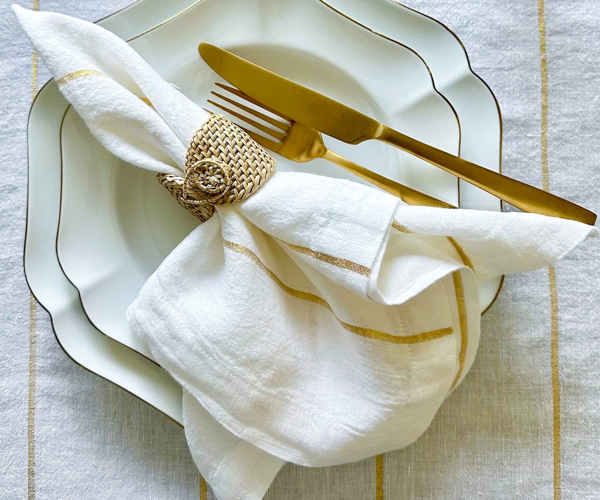 Linen Napkins Set of 4, 100% Pure Linen Napkins Cloth Washable, Metallic Thread Gold Napkins, Christmas Napkins, White and Gold Dinner Napkins, Striped Cloth Napkins, Farmhouse Napkins 18x18