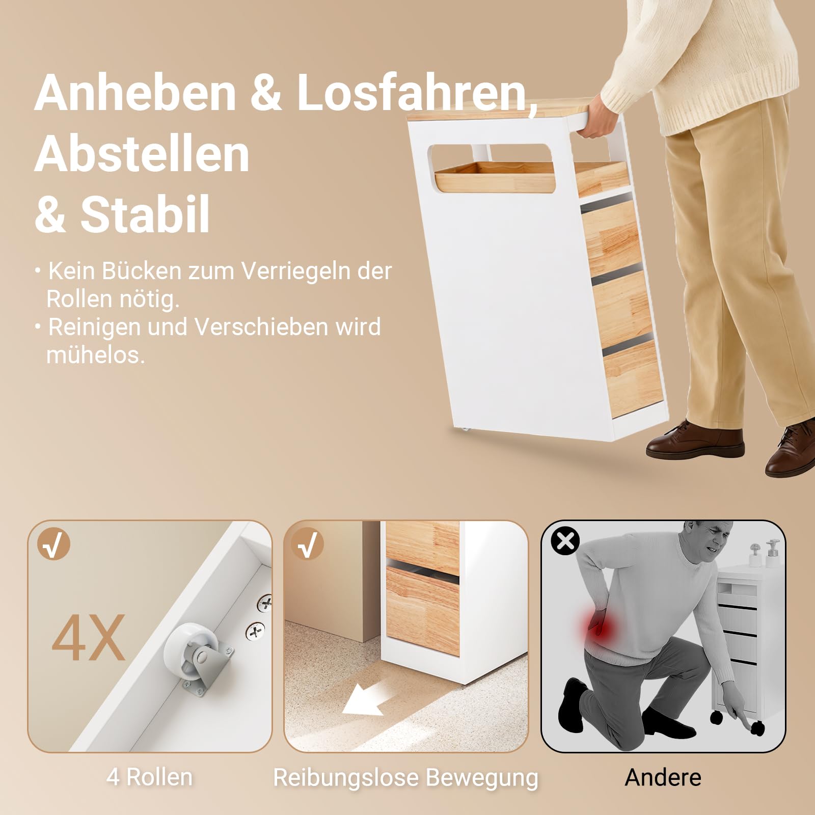 SoBuy Badezimmerschrank Schmal Badschrank mit 3 Schubladen Nischenschrank Holz für kleine Bäder WC & Küche Toilettenschrank Beistellschrank, Weiß Natur 65x23x82cmcm BZR54-III-WN