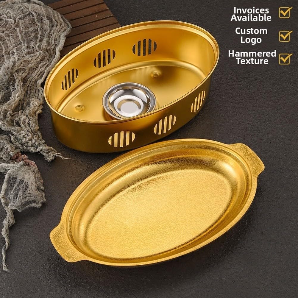 Pentola calda ovale in acciaio inox resistente con doppio orecchio con bruciatore ad alcol per pesce in stile coreano (35 x 21 cm argento)