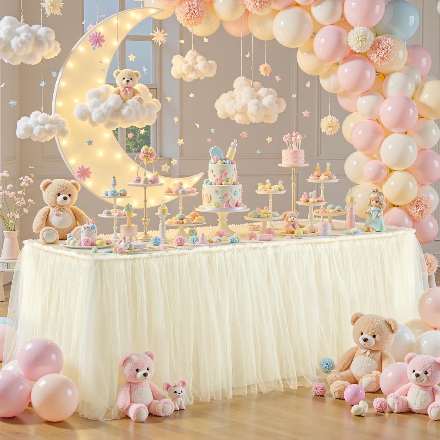 PARTISKY 9FT Length Champagne Tulle Table Skirt for Rectangle Tables 2-Layer Ruffle Tulle Tutu Cloth Desk Table Skirt for Baby Shower Girl Birthday Party Wedding Cake Dessert Decorations Champagne 9FT, 108IN(L) X30in(H)