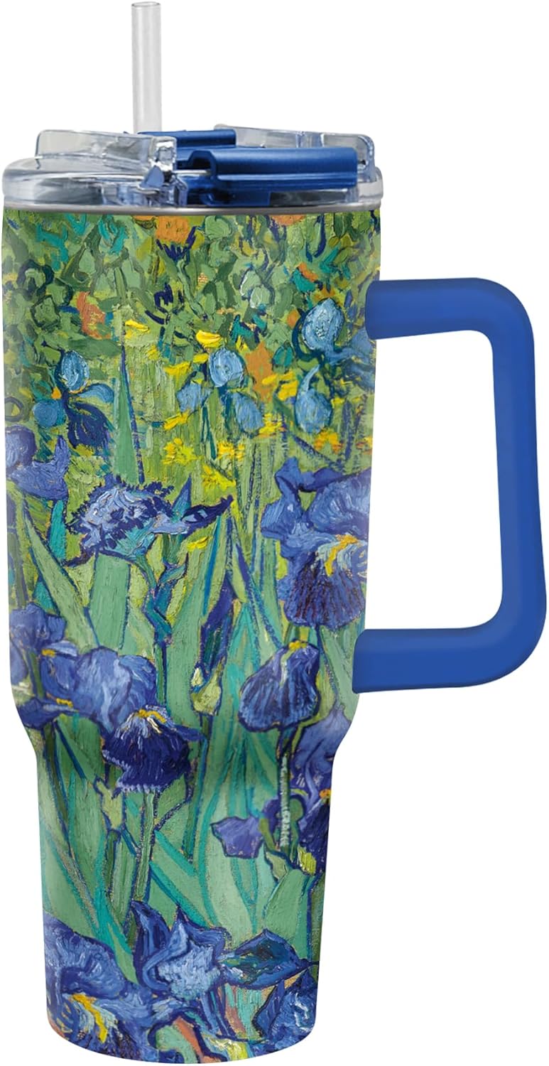 RainCaper 18/8 Stainless Steel Insulated Water Tumbler with Straw | 30oz, BPA-Free, Double Wall for Hot & Cold | Travel-Friendly, Cup Holder Ready (van Gogh Irises)