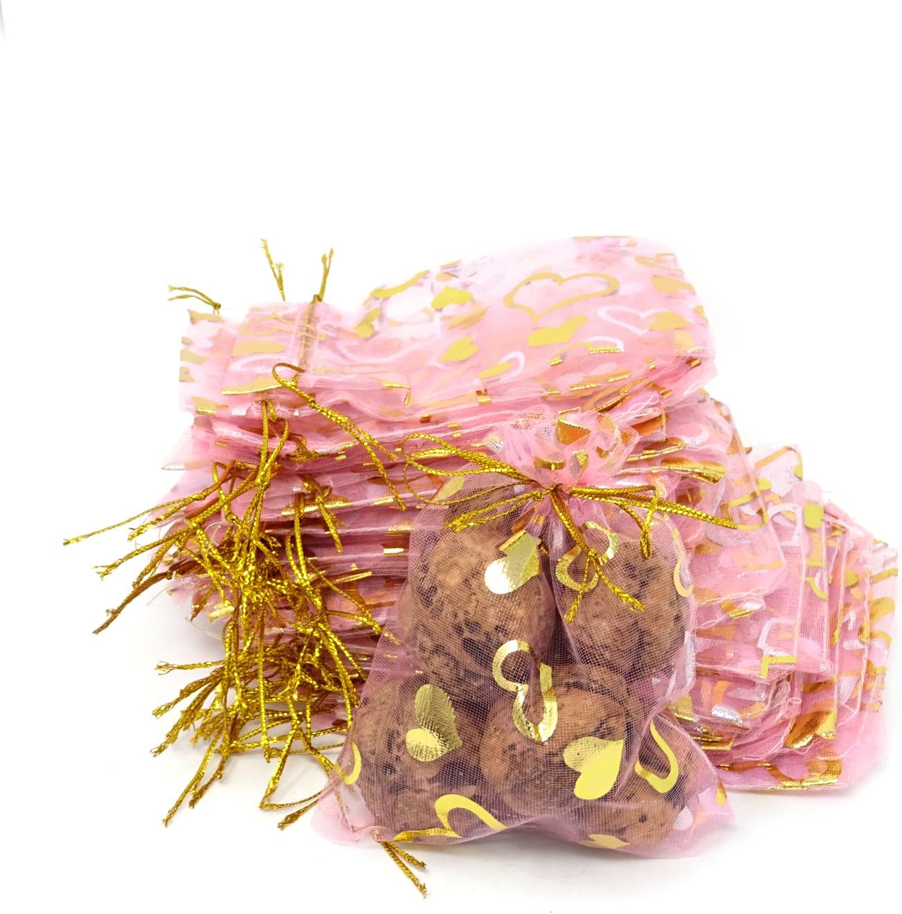 Honbay 50PCS 3.7x4.9 inch Sheer Pink Drawstring Bags Heart Pattern Organza Party Favor Gift Bags Wedding Party Christmas Baby Shower Jewelry Pouches image 5