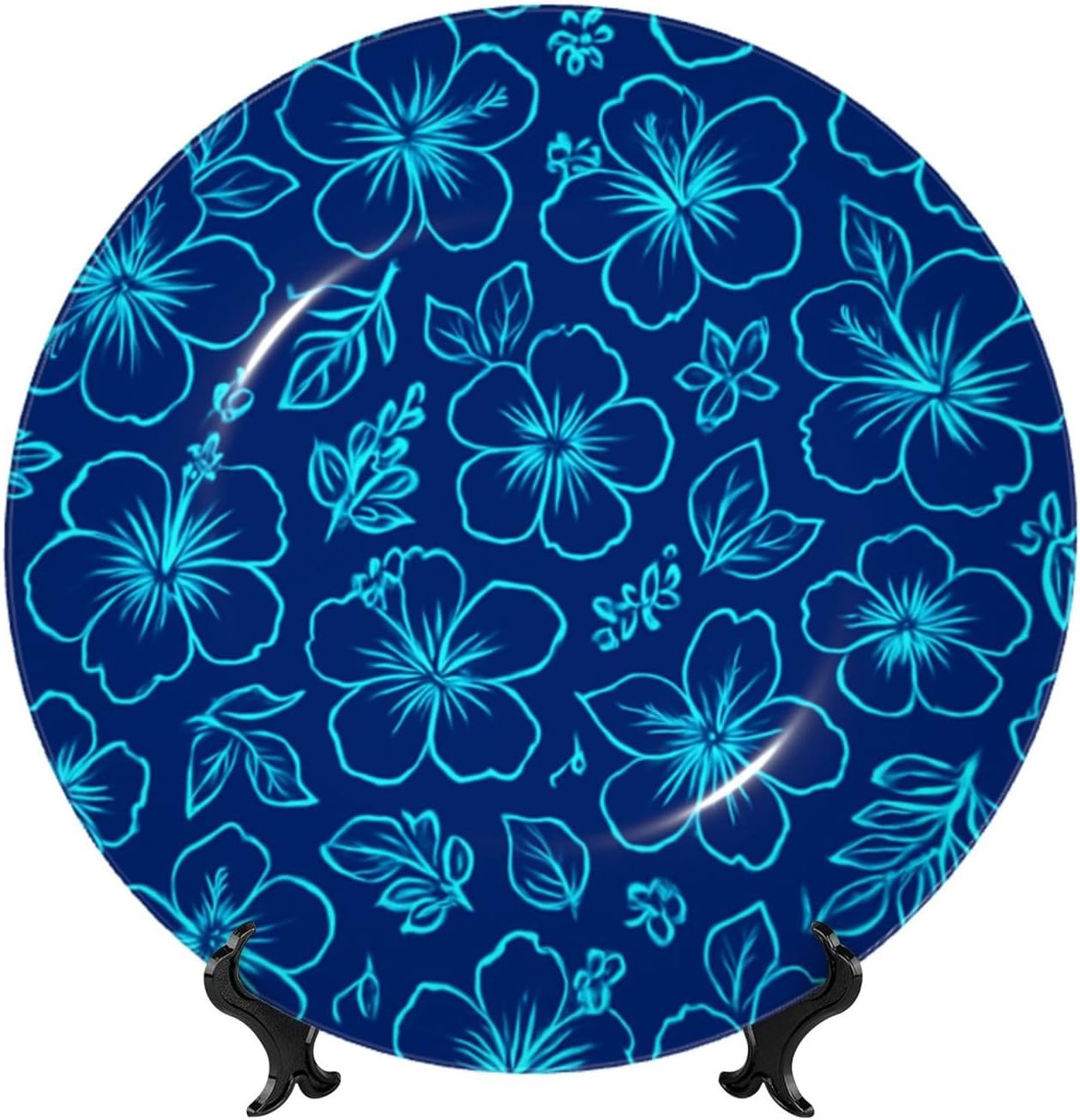 Neon Hibiscus Pattern 10 Inch Decorative Plate With Stand, Elegant Display Wall Plate For Home Decor