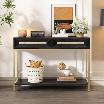 45.5" Farmhouse Entryway Table with 2 Drawers, Striking Geometric Design Console Table Behind Sofa, Narrow Long Entryway for Hallway, Living Room, Hallway, Behind Couch, Black