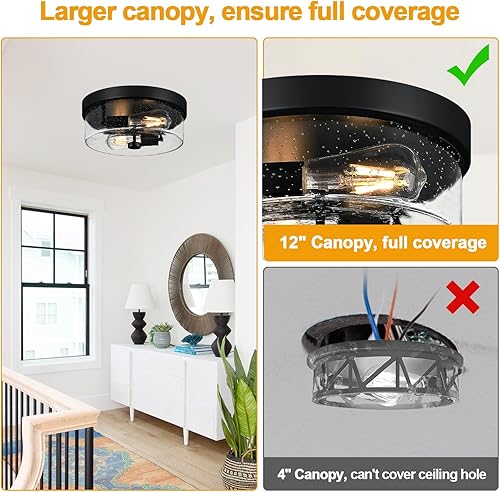 Miniatura 4 de Lámpara de techo de montaje empotrado negra, soporte de techo de 2 luces para granja con pantalla de vidrio semillado, lámpara industrial empotrada
