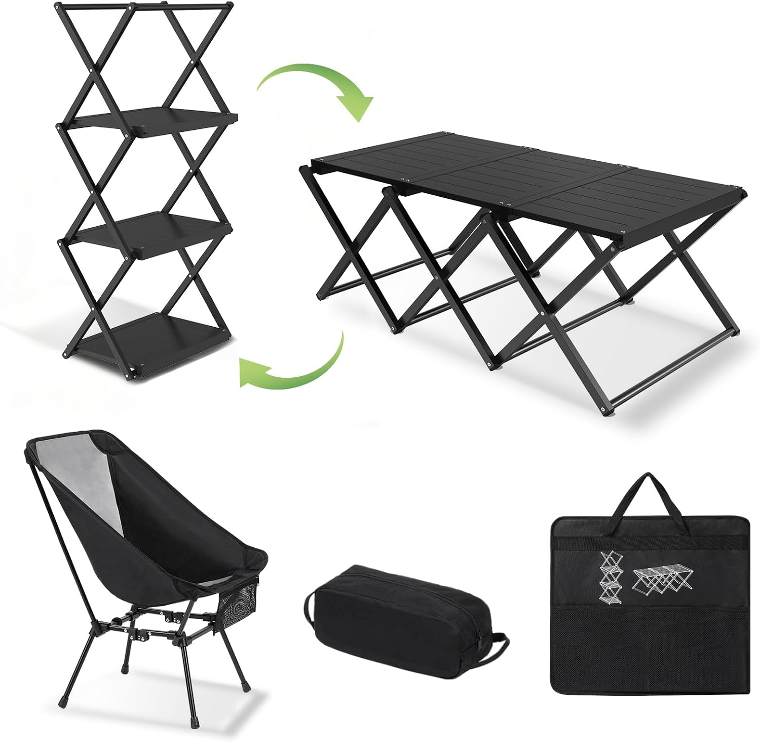 Camping Table and Chairs Set, 2-in-1 Aluminum Folding Table with 3-Tier Storage Rack, Heavy Duty Portable Camp Kitchen for Outdoor, Camping, Hiking, Beach